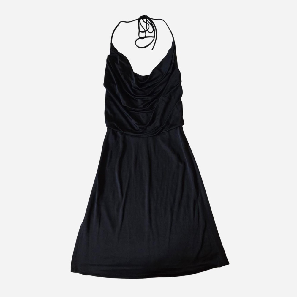 VTG y2k, 90s black halter neck midi party dress with cowl neckline.